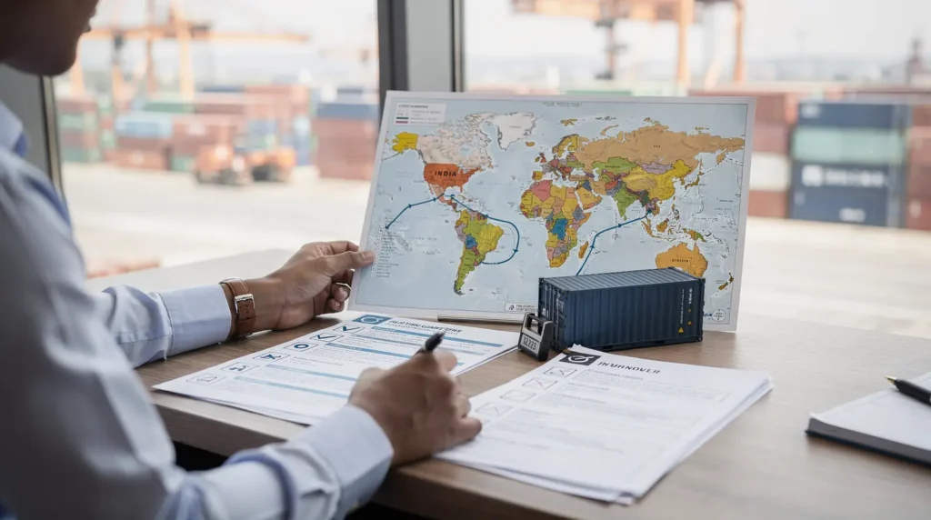 The process starts with pickup from the origin, followed by export documentation, customs clearance, ocean